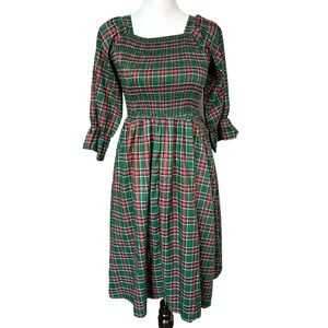 SMOCKED SWEETS Women's Small Red Green Tartan Plaid Christmas Party Dress Belted